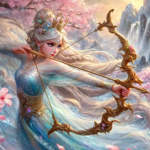 38 Ảnh chibi Xạ Thủ nữ ôm cây cung nhỏ, ánh nhìn tinh nghịch và nền vàng tím làm hình thêm nổi bật