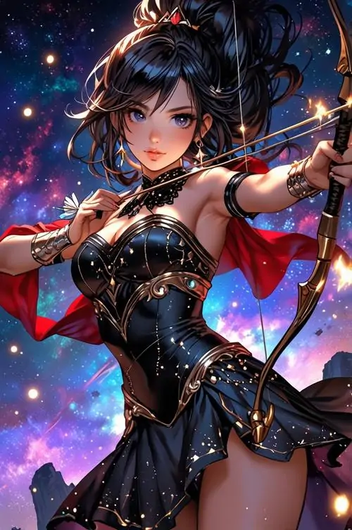 10 Ảnh chibi Nhân Mã nữ ngồi bệt trên nền trời, phụ kiện thiên văn nhỏ xinh giúp tổng thể thêm phần nổi bật