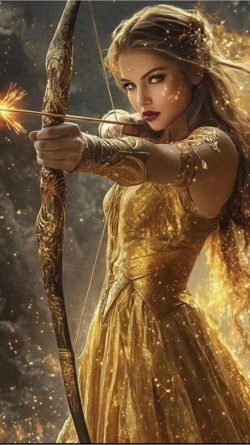 2 Ảnh chibi Nhân Mã nữ đội nơ tóc nhỏ, đôi giày tròn xinh và ánh nhìn ngây thơ nổi bật trên nền tím xanh