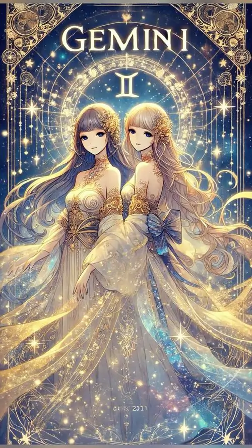 1 Hình Song Tử nữ anime hiện lên như nữ thần tóc vàng, váy sáng lấp lánh giữa nền sao dày và hào quang vàng rực