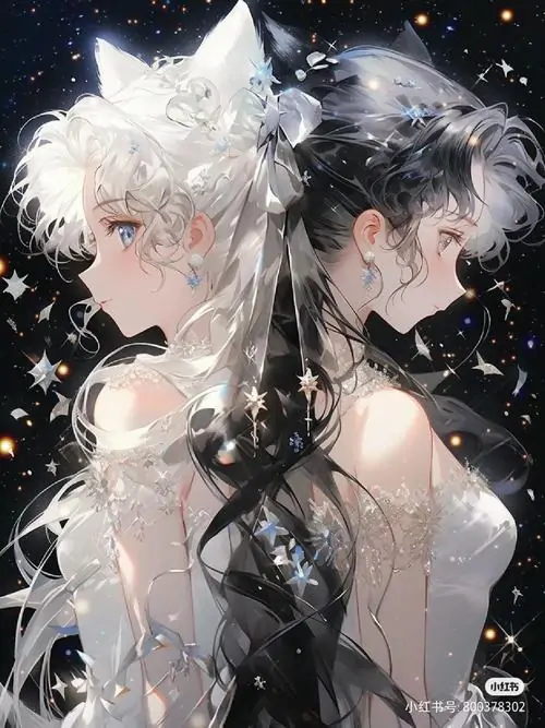 11 Hình anime chibi cô gái Song Tử cho thấy hai cô gái tai sói trắng đen đối diện, ánh mắt long lanh rất hút nhìn