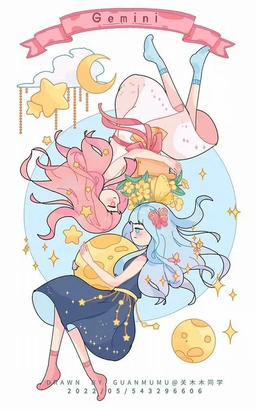 15 Ảnh cô gái Song Tử phong cách anime theo kiểu dễ thương, nhân vật đội mũ hồng xoay giữa dải ruy băng mềm