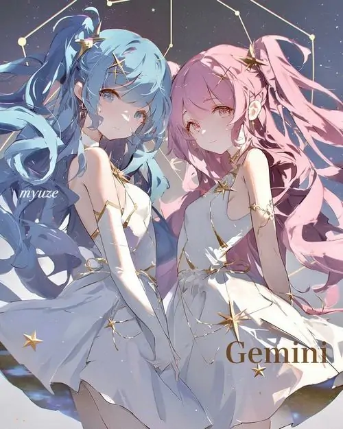 17 Hình chibi cung Song Tử nữ cho thấy hai thiếu nữ tóc xanh hồng đứng sát, tông màu pastel làm tổng thể trẻ trung