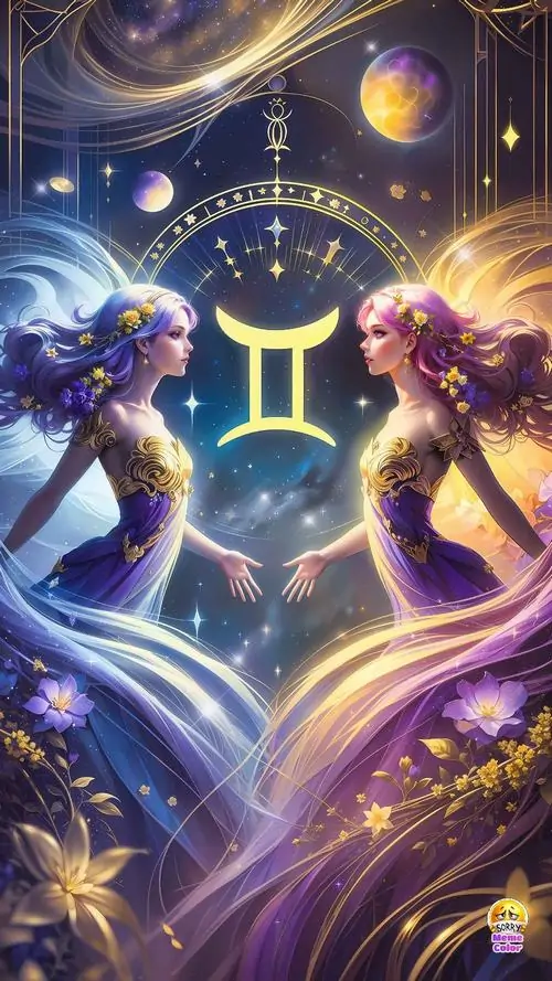 2 Bức minh họa dùng biểu tượng song sinh ở trung tâm, hai bóng đối xứng cuộn trong sắc tím xanh và luồng sáng xoáy mạnh