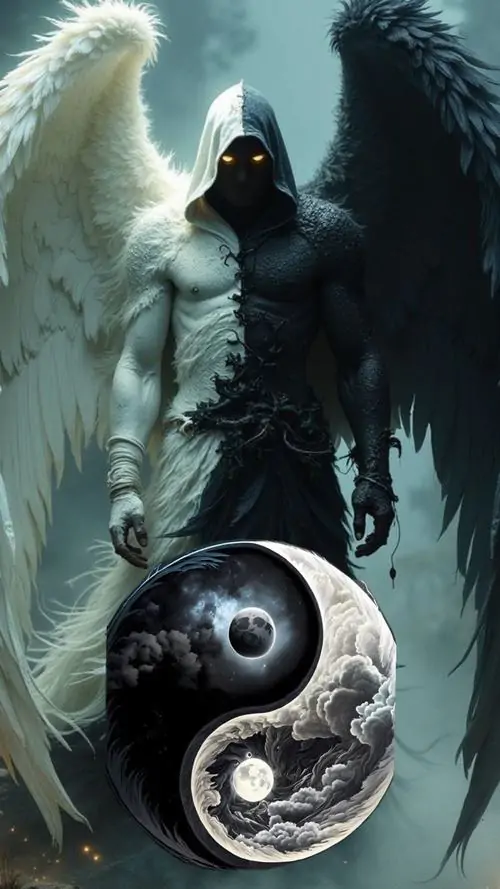 20 Một thiên thần tối ôm khối yin yang giữa nền xanh rêu, đường cánh mềm kéo toàn ảnh về sắc thái trầm