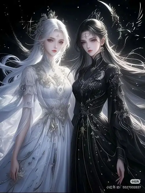 22 Hai nhân vật váy trắng đen đứng kề nhau trong màn sương, khí chất lạnh và khoảng sáng mờ làm tranh sâu hơn