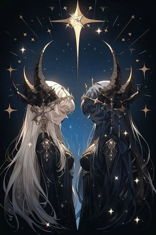 25 Hai linh thể có sừng đứng đối xứng dưới vầng trăng, nền đen dày làm tổng thể vừa mạnh vừa huyền bí