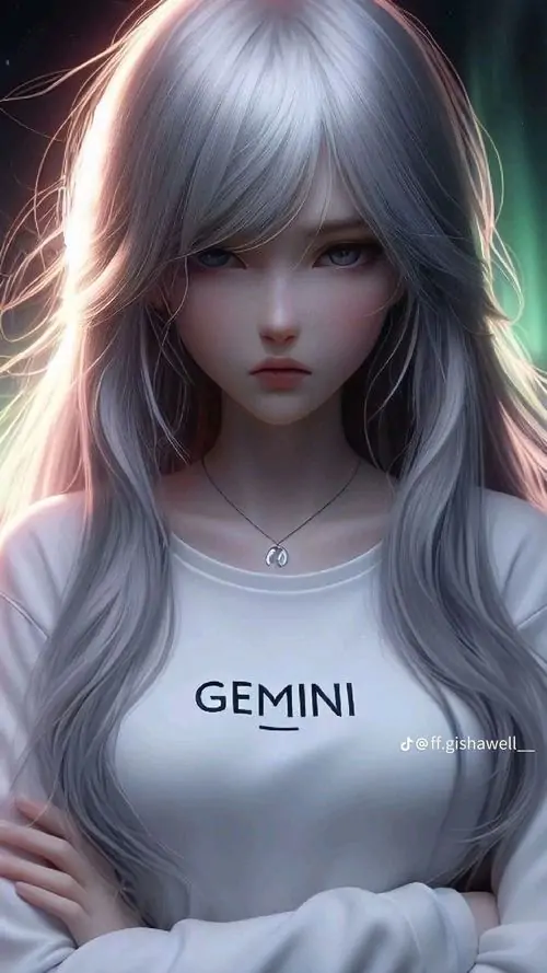 29 Một nhân vật tóc bạc đứng tĩnh trong nền mờ, áo in Gemini và vẻ mặt lạnh làm điểm nhìn dồn lại