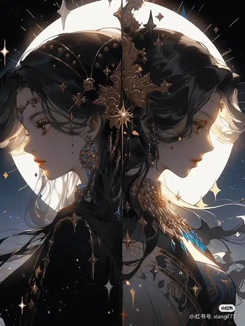 31 Bóng người hai cánh đứng trước vầng sáng tròn, đường nét đen dày phủ lên toàn cảnh một vẻ huyền hoặc