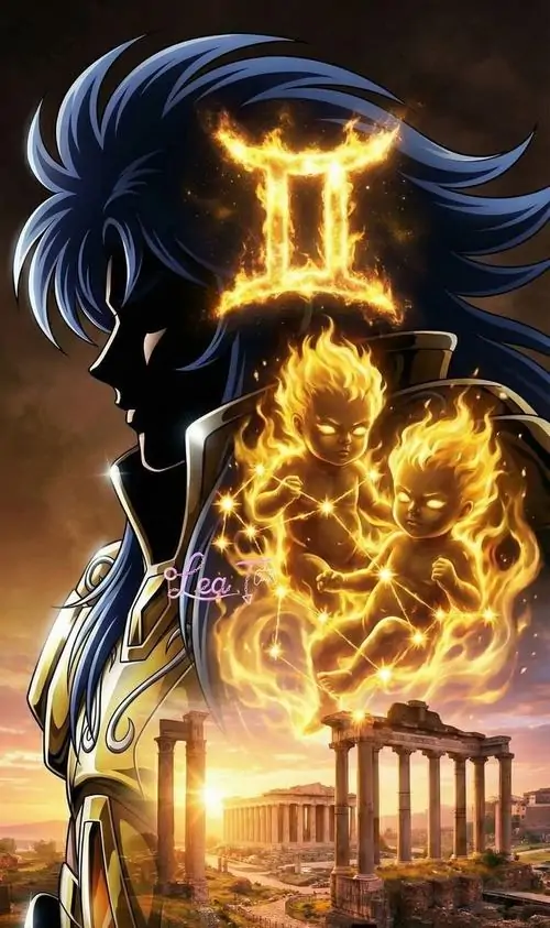 7 Nhân vật tóc xanh quay nghiêng trong bóng tối, ký hiệu Gemini cháy rực phía sau khiến tổng thể đầy năng lượng