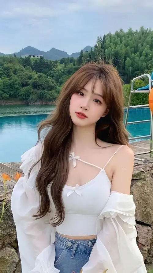 17 Bên hồ nước xanh bóng hồng mặc áo trắng trễ vai khoe vẻ nữ tính cùng mái tóc dài bay nhẹ