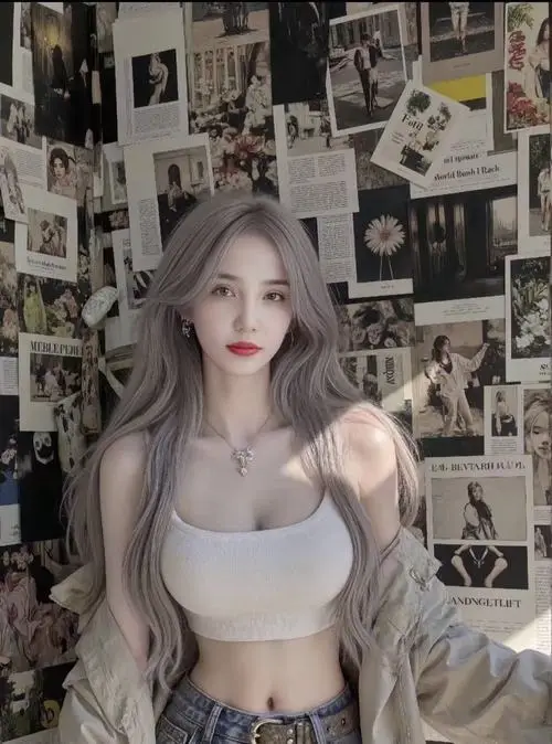 21 Trước bức tường ảnh cô gái tóc sáng mặc áo ngắn ôm dáng mang vẻ hấp dẫn và gương mặt thanh tú