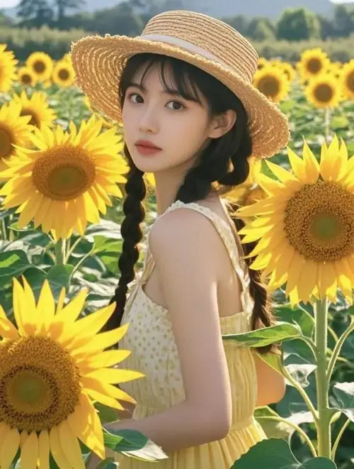 24 Đứng giữa vườn hướng dương mỹ nhân đội mũ cói khoe vẻ trong veo cùng mái tóc tết gọn rất ăn ảnh
