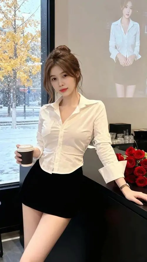 46 Cô nàng mặc áo trắng cùng chân váy đen ngồi cầm ly trong quán, đôi chân bắt chéo và nền sáng phía sau làm tổng thể trông thanh lịch, đẹp kiểu trưởng thành và có chút cuốn hút lạnh