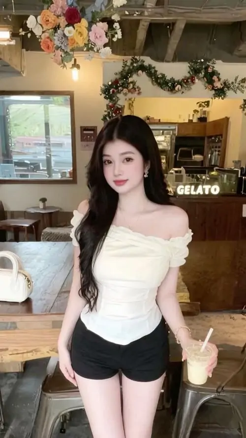 33 Bức ảnh cô nàng mặc áo trắng ôm sát với quần ngắn đen trong không gian quán ấm sáng, tay cầm túi và nụ cười nhỏ làm bức hình thêm cuốn hút, sexy nhẹ nhưng không hề gượng