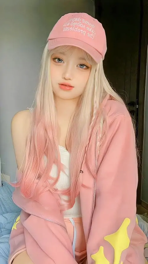 32 Giữa sân gạch rực nắng, ảnh cô gái phong cách tiểu thư hồng buông tóc dài, chất pinky làm khung hình thanh hơn