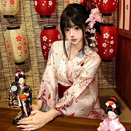 9 Hot girl mỹ nhân diện kimono hoa văn cầu kỳ đứng bên đèn lồng đỏ thần thái dịu dàng cổ điển