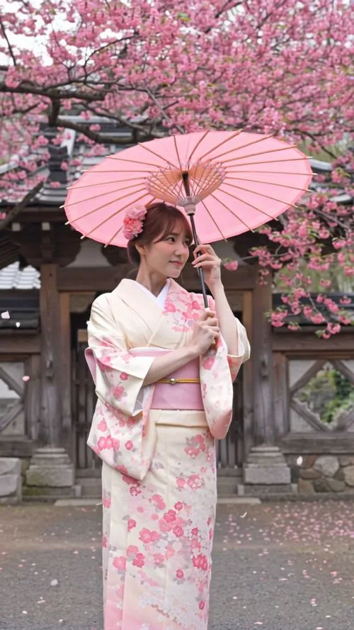 14 Nàng thơ cute kimono trắng viền hoa đứng tựa lan can gỗ ánh nhìn xa xăm dưới tán anh đào rơi