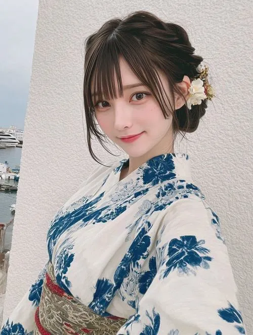15 Thiếu nữ dễ thương trong kimono tím nhạt obi hồng cài trâm ngọc pose nghiêng đầu bên vườn đền chùa