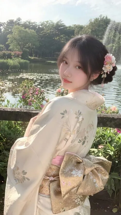 19 Giai nhân Nhật Bản mặc kimono xanh dịu dàng tay cầm túi nhỏ đứng giữa phố cổ Kyoto hoài niệm