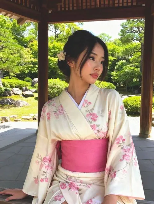 27 Ảnh gái xinh diện kimono trắng tinh khôi obi hồng cầm túi nhỏ đứng bên vườn hoa anh đào nở