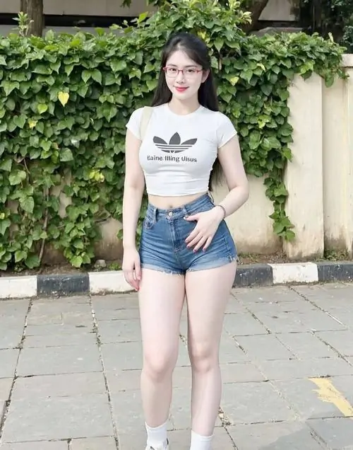 12 Trước mảng cây xanh sát tường, nàng đứng thẳng trong áo trắng phối quần ngắn xanh, vóc dáng gọn và nụ cười nhẹ tạo cảm giác gần gũi, kiểu ảnh gái đẹp tạo dáng này nhìn vào là thấy tươi mắt