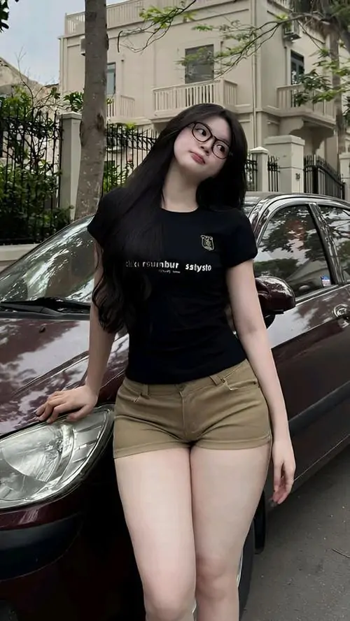7 Cạnh chiếc xe đỗ trong góc sân râm mát, nàng đứng thả lỏng với áo đen ôm và quần ngắn kaki, đường nét hình thể hiện rõ ở phần hông và chân, nhìn đẹp gọn gàng và rất có gu