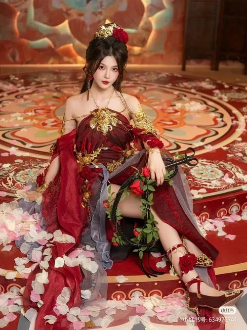 2 Mỹ nhân cổ trang váy đỏ thêu cầu kỳ ngồi giữa nền gấm gợi khí chất kiêu sa và cổ điển