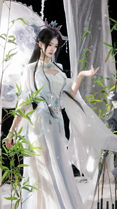 3 Ảnh nữ thần tiên hiệp trong áo trắng tay rộng đứng bên cành trúc toát lên nét thoát tục dịu dàng