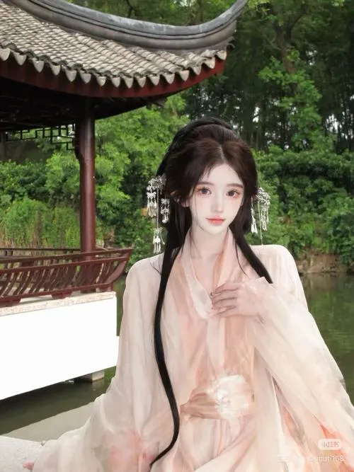 22 Gái đẹp cổ trang trong váy đào đứng bên hành lang gỗ gợi nét thanh tao và khuê các