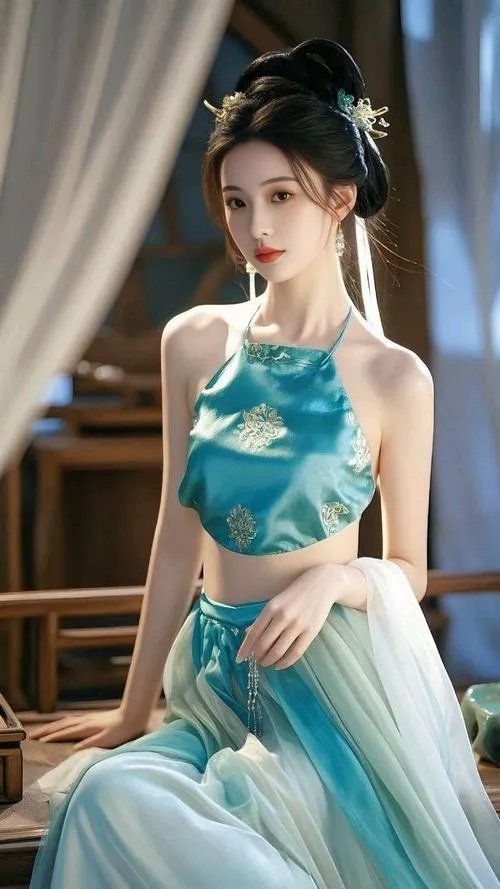 25 Gái xinh hán phục ngồi trong phòng với váy xanh ngọc toát lên vẻ thanh lịch và cổ điển