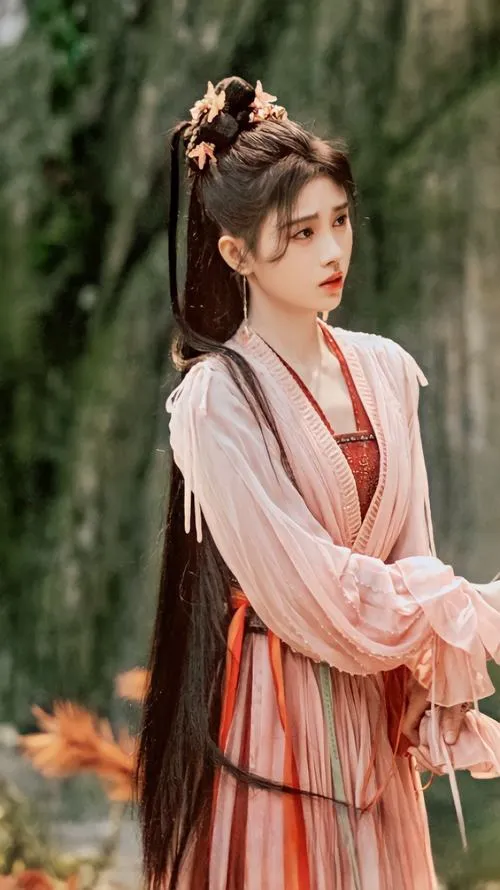 26 Ảnh gái đẹp cổ trang trong áo đào đứng giữa vườn cây mang thần thái dịu hiền và sâu lắng