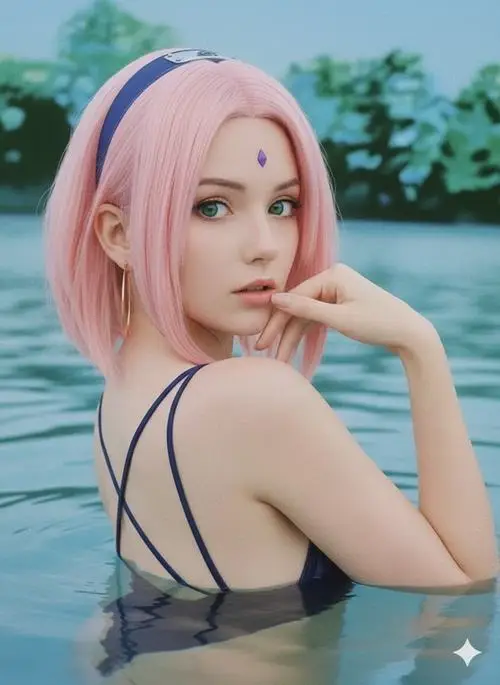 22 Ảnh gái đẹp nhập vai anime nữ tóc hồng bên hồ nước gợi cảm giác mát mắt nhẹ nhàng và đầy chất thơ