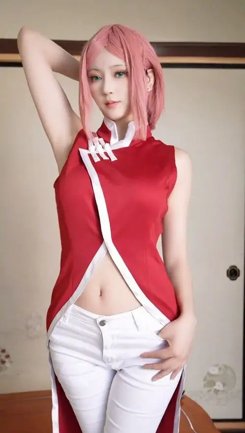 23 Bộ ảnh cosplay nhân vật hoạt hình Nhật Bản với tóc hồng và áo đỏ không tay tạo vẻ năng động nổi bật