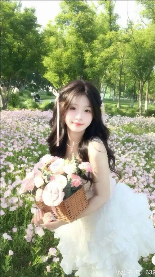 1 Cô gái váy trắng ôm hoa giữa vườn hoa toát lên vẻ đẹp dễ thương với mái tóc dài cười khẽ