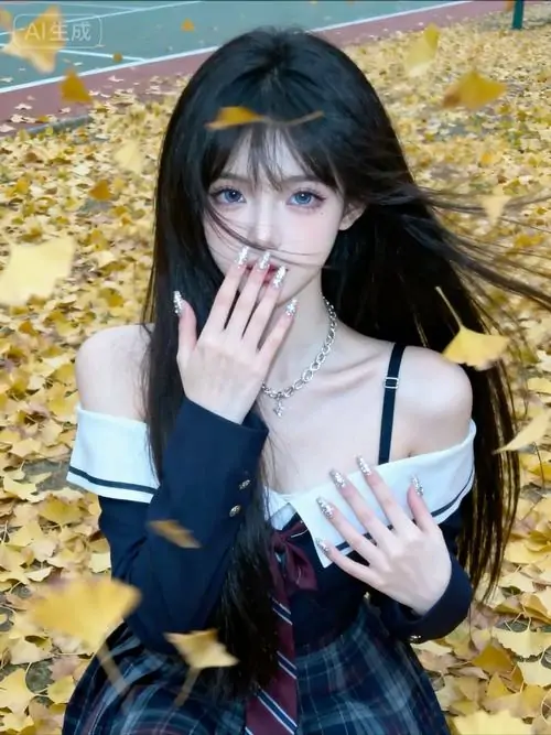 20 Giữa thảm lá vàng cô gái che môi bằng tay tạo ảnh girl phố nhẹ nhàng với tóc đen và ánh mắt sâu