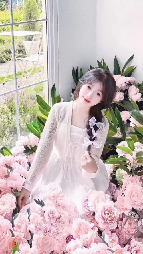 4 Trong phòng riêng ngập hoa hồng cô gái nghiêng đầu mềm mại với trang phục ngọt ngào và mơ màng dịu mắt