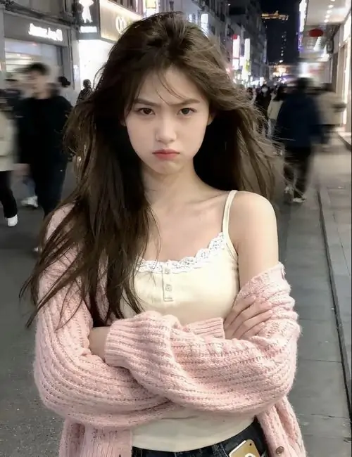 19 Trên phố đông người, cô gái khoác cardigan hồng ôm tay trước ngực và nhìn thẳng vào máy, ảnh gái xinh mang vẻ lạnh nhẹ mà đáng yêu khi mái tóc bồng và phong thái tự tin làm khung hình thêm ngầu