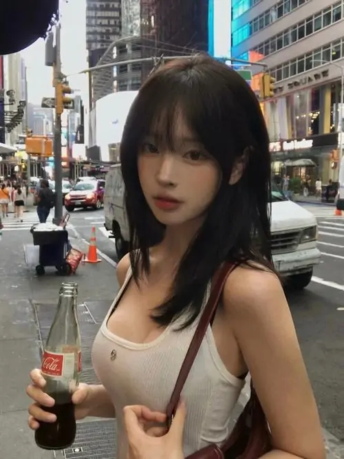 21 Trên con phố sáng đèn, cô gái cầm ly nước trong áo hai dây trắng và tóc đen thẳng, ảnh thiếu nữ xinh đẹp cho cảm giác đời thường cuốn mắt nhờ vẻ đẹp hiện đại cùng làn da sáng làm khung hình thêm tươi