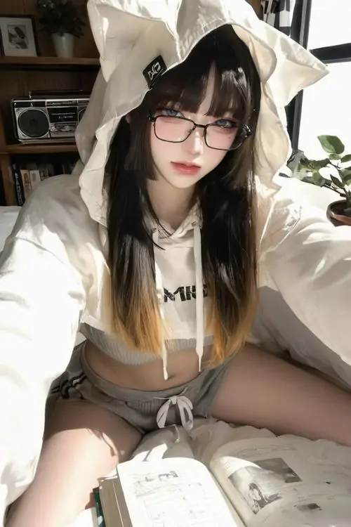28 Cô gái đeo kính và băng đô tai mèo nằm nghiêng trên giường, ảnh gái đẹp đem lại cảm giác gần gũi nhờ bố cục khung hình thấp và vẻ dễ thương tự nhiên của một khoảnh khắc nghỉ ngơi rất con gái