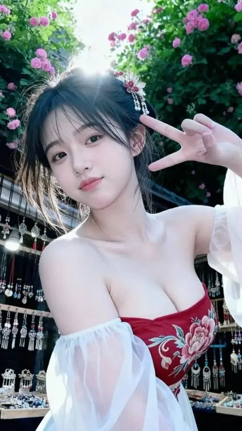 5 Cô gái mặc váy đỏ trễ vai giơ tay tạo dáng giữa giàn hoa nở rực, ảnh mỹ nhân dịu dàng toát lên ánh mắt có hồn cùng sắc màu bức ảnh trong trẻo làm tổng thể vừa ngọt vừa cuốn