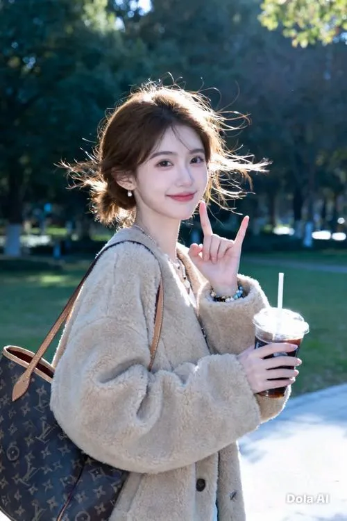 30 Gái đẹp cầm ly nước ngoài trời trong áo khoác xám rộng tóc búi gọn và nụ cười nhỏ rất dễ mến