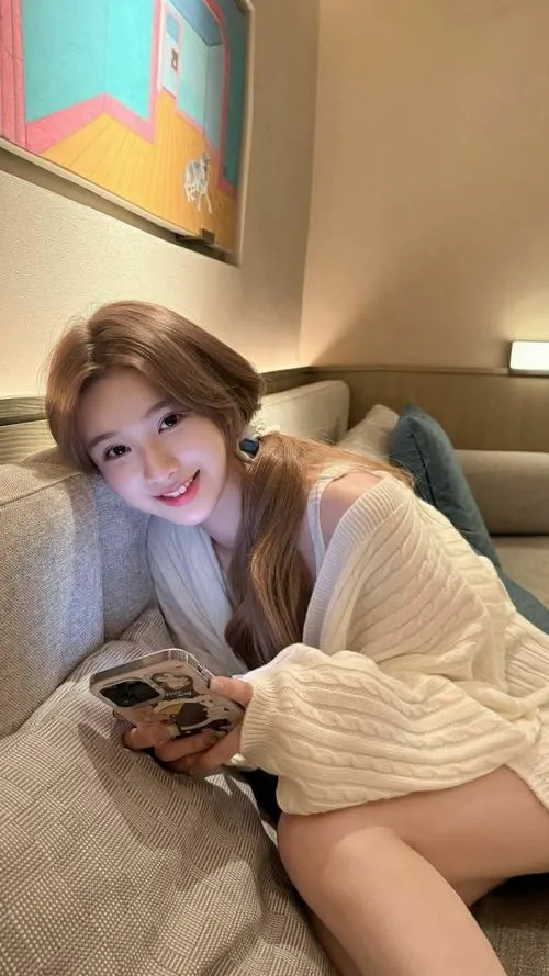 10 Nàng thơ cute tựa trên ghế phòng nghỉ với áo len be rộng dáng ngồi co nhẹ tạo cảm giác gần gũi ấm áp