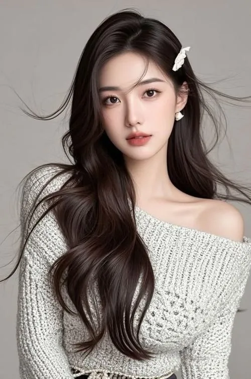 11 Thiếu nữ dễ thương diện áo len trễ vai màu sáng tóc dài dày bồng bềnh và ánh mắt dịu như ulzzang