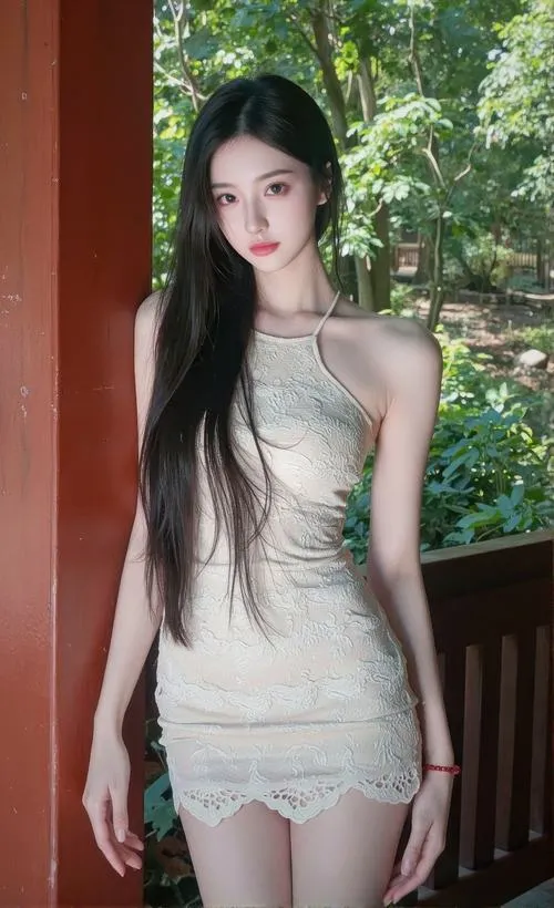 12 Ảnh cô gái đứng nơi hiên gỗ trong váy ôm màu kem khoe vóc dáng thon gọn và bờ vai mềm rất nữ tính