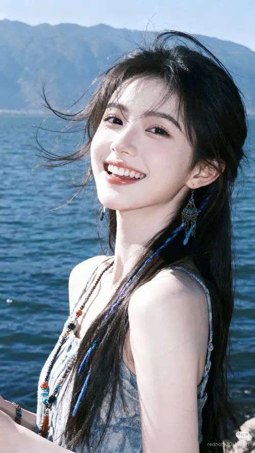 17 Nàng thơ cute cười bên biển xanh với váy đen hai dây tóc tết thấp làm bật lên khí chất nữ thần