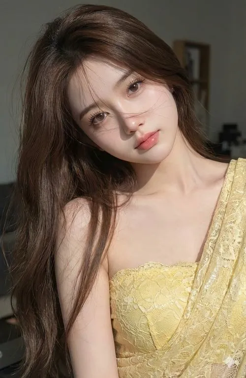 21 Mỹ nhân nghiêng đầu trong váy vàng nhạt tóc nâu dài phủ vai làm nổi bật gương mặt nhỏ rất dịu dàng