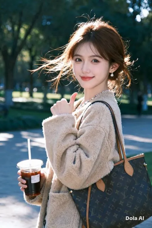 25 Thiếu nữ dễ thương cầm ly nước ngoài công viên với áo len mỏng sáng màu và tóc buộc lơi ôm mặt
