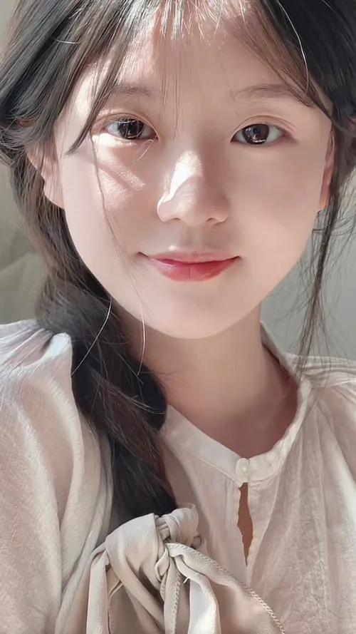 26 Ảnh cô gái chụp sát mặt trong áo be mềm ánh sáng dịu phủ lên làn da trắng sáng và đôi môi xinh
