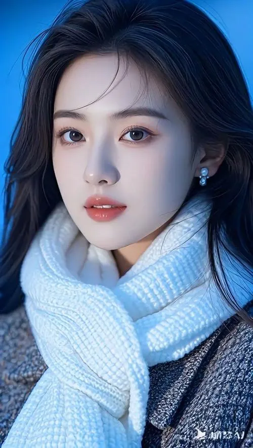 5 Ảnh cô gái với khăn len xanh quấn cổ và áo khoác tối màu làm nổi bật gương mặt nhỏ giữa nền trời lạnh